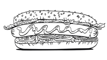 Hot dog, american fast food, black and white vector image, illustration for the menu, coloring book for adults and children