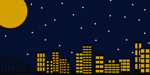 large city illuminated with many buildings, with a bridge, the moon and the starry sky