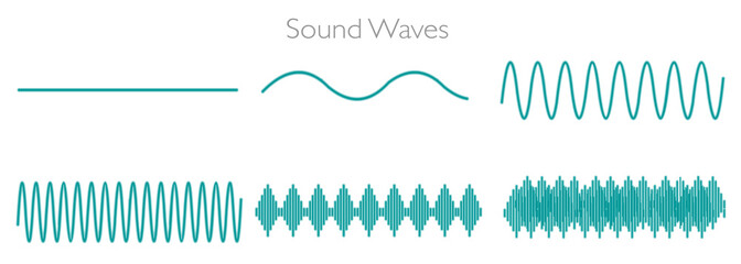 Sound waves. Audio frequency high low amplitude pitch note tone voltage volume. Green, black line rhythm, noise. On white screen, abstract background. Music, medical, education, illustration Vector