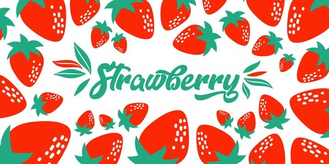 Strawberries on a white background. Bright illustration of summer fruits. Berry mix design for fabric and decor. Collection of berries. Set of cartoon colorful fruit icons. Strawberry background