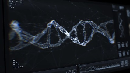 DNA structure research. Genome analyzing. Interface concept. Biochemistry statistics and data displayed on a modern high-tech hospital screen. Genes, genetic disorders. Health data. Diagnosis diseases - Powered by Adobe