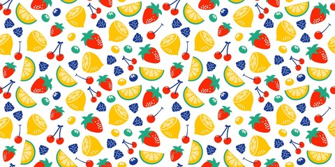 Strawberries oranges cherries blueberries blackberries on a white background. Bright illustration of summer fruits. Fruit seamless background. Set of fruits. Collection of colorful cartoon fruit icons