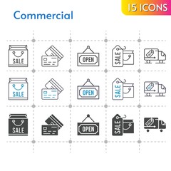 commercial icon set. included shopping bag, credit card, delivery truck, open icons on white background. linear, bicolor, filled styles.
