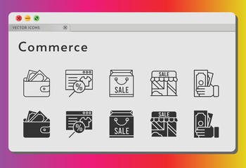 commerce icon set. included online shop, shopping bag, wallet, shop, money icons on white background. linear, filled styles.
