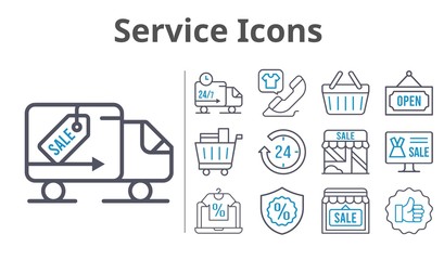 service icons set. included online shop, 24-hours, shop, like, shopping cart, warranty, phone call, shopping-basket, delivery truck, open icons. bicolor styles.