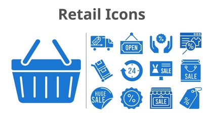 retail icons set. included online shop, shopping bag, 24-hours, sale, shop, price tag, discount, shopping-basket, delivery truck, open, trolley icons. filled styles.