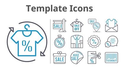 template icons set. included gift, newsletter, sale, shirt, voucher, chat, discount, placeholder, barcode, stopwatch icons. bicolor styles.