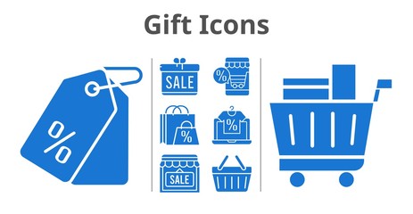 gift icons set. included gift, shopping bag, online shop, shop, price tag, shopping cart, shopping-basket icons. filled styles.