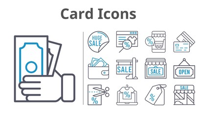 card icons set. included online shop, sale, shop, wallet, money, voucher, price tag, credit card, open icons. bicolor styles.