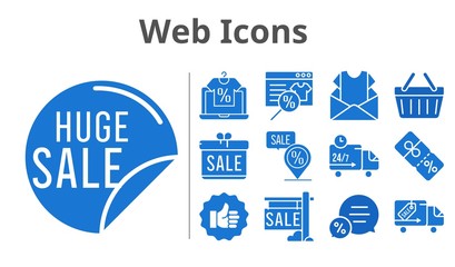 web icons set. included gift, online shop, newsletter, sale, like, chat, discount, shopping-basket, delivery truck, placeholder icons. filled styles.