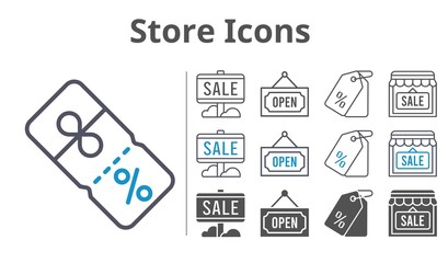 store icons icon set included sale, shop, price tag, discount, open icons