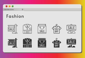 fashion icon set. included shopping bag, sale, shirt icons on white background. linear, filled styles.
