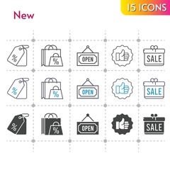 new icon set. included gift, shopping bag, like, price tag, open icons on white background. linear, bicolor, filled styles.
