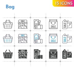 bag icon set. included shopping bag, shop, money, shopping-basket, shopping basket icons on white background. linear, bicolor, filled styles.