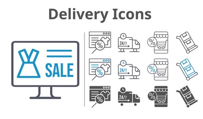 delivery icons icon set included online shop, delivery truck, trolley icons