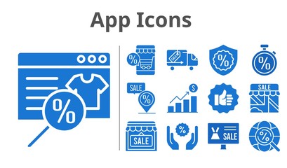 app icons set. included online shop, profits, shop, like, discount, warranty, delivery truck, placeholder, internet, stopwatch icons. filled styles.