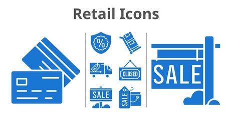 retail icons set. included shopping bag, sale, warranty, closed, credit card, delivery truck, trolley icons. filled styles.