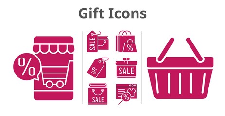 gift icons set. included gift, online shop, shopping bag, price tag, shopping-basket icons. filled styles.