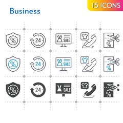 business icon set. included online shop, 24-hours, voucher, warranty, phone call icons on white background. linear, bicolor, filled styles.
