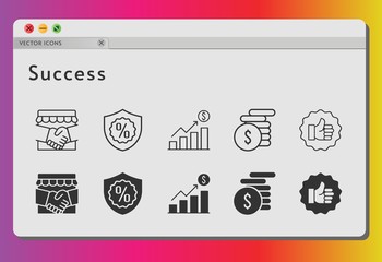 Naklejka premium success icon set. included handshake, profits, money, like, warranty icons on white background. linear, filled styles.