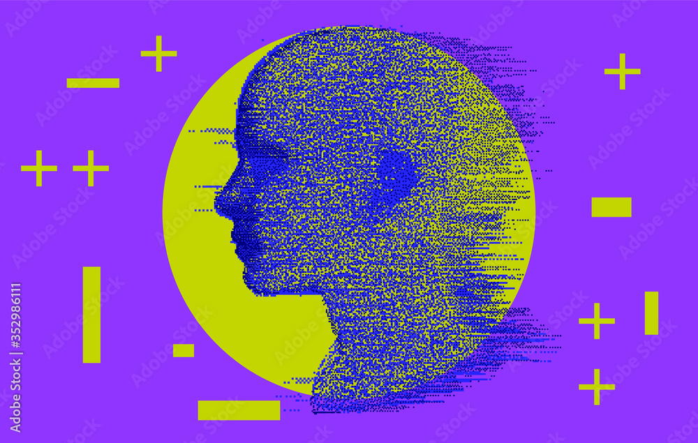 Poster artificial intelligence and psychological profiling concept. distorted profile of a woman made of pa