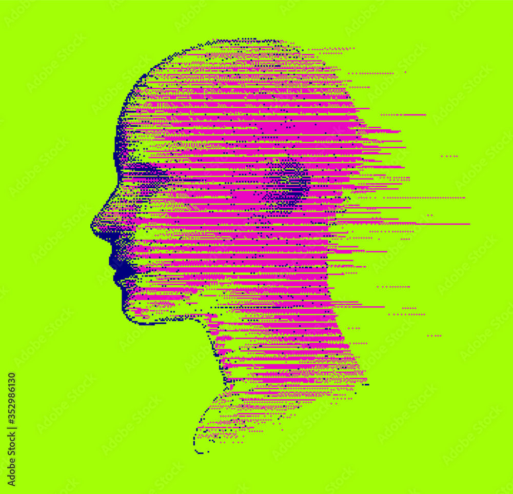 Poster Artificial intelligence and Psychological profiling concept. Human head with glitched pixels, distorted profile of a woman made of square particles.