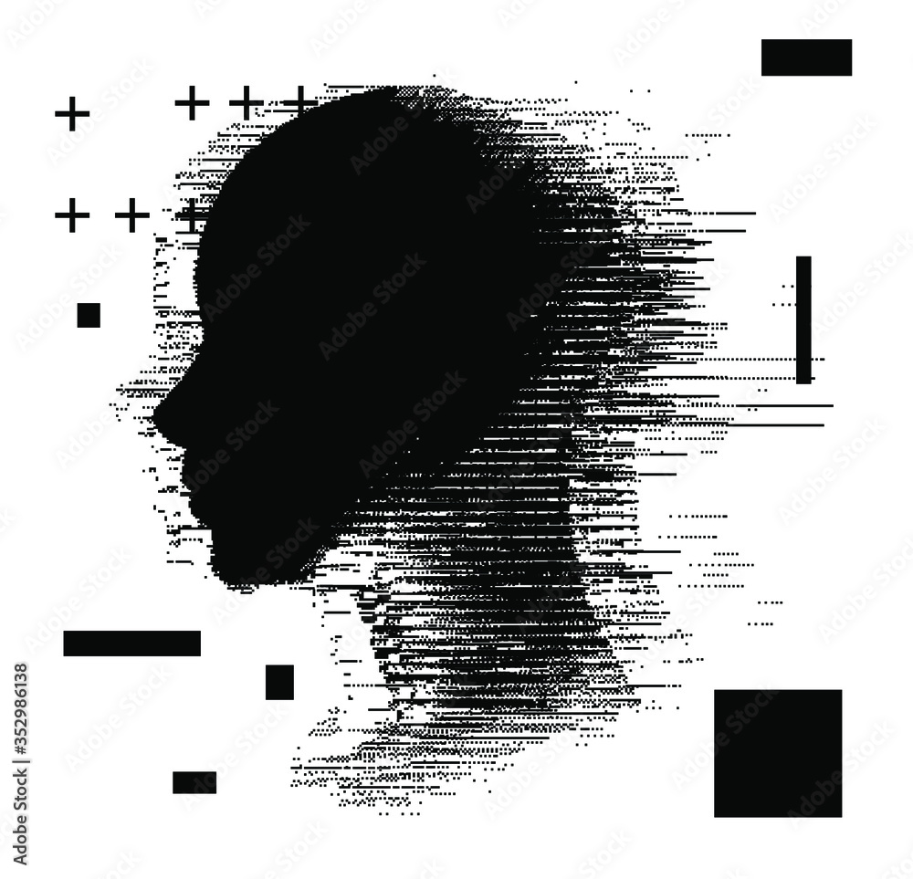 Poster artificial intelligence and psychological profiling concept. human head with glitched pixels, distor