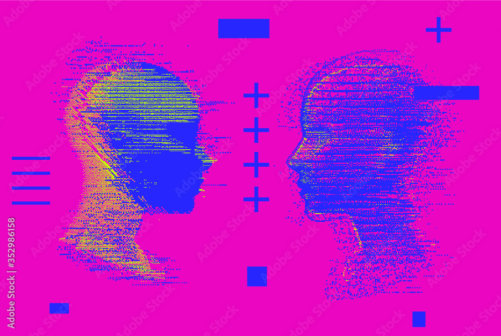 Poster alter ego concept, alternative self. person and its doppelganger or twin. vaporwave style vivid coll