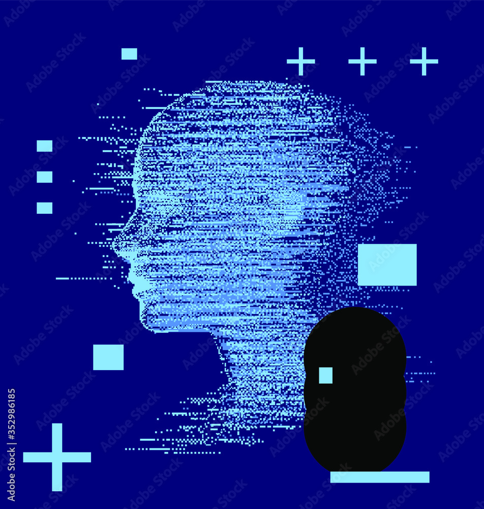 Poster artificial intelligence and psychological profiling concept. human head with glitched pixels, distor