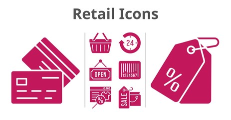 retail icons set. included online shop, shopping bag, 24-hours, price tag, shopping-basket, credit card, barcode, open icons. filled styles.