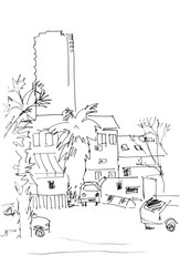 Graphic black and white linear drawing Tel Aviv, Israel. sketch