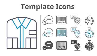 template icons icon set included shirt, chat, placeholder, barcode, stopwatch icons