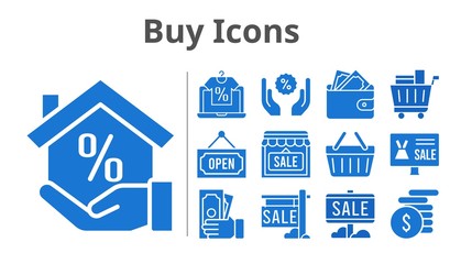 buy icons set. included online shop, sale, mortgage, wallet, shop, money, shopping cart, discount, shopping-basket, open icons. filled styles.