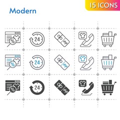 modern icon set. included online shop, 24-hours, shopping cart, discount, phone call icons on white background. linear, bicolor, filled styles.