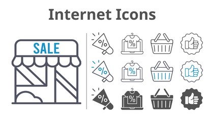 internet icons icon set included megaphone, online shop, shop, like, shopping-basket, shopping basket icons