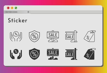 sticker icon set. included sale, price tag, discount, warranty icons on white background. linear, filled styles.