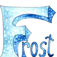 Watercolor alphabet blue letters on a white background. Letter F and the inscription Frost.