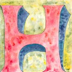 Watercolor hand painted cute alphabet letter H. Lettering red element isolated on yellow. Art symbol H for print poster