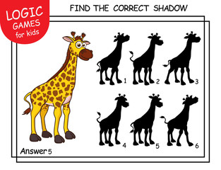 Find the correct shadow Giraffe. Cute cartoon Giraffe. Educational matching game for children with cartoon character. Logic Games for Kids. Learning card with task for child preschool and kindergarten