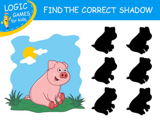 Find the correct shadow the Pig. Cute cartoon pig on colorful background. Educational matching game for child with fun character. Logic Games for Kids. Learnig card for kindergarten or school.