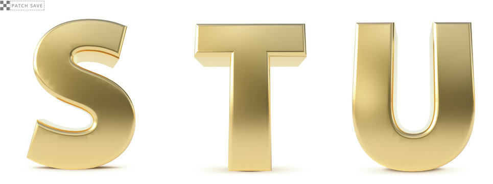 Alphabet Gold. Letters S, T, U gold realistic 3d render. Ilustration isolated a white background. Patch save.