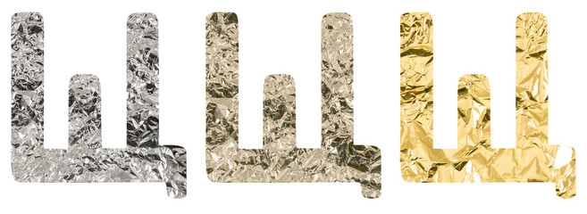Isolated Font Russian Letter made of crumpled titanium, silver, gold foil on white background
