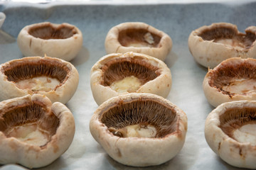 Empty mushrooms on baking paper. Homemade baked stuffed Portobello mushrooms, homemade baked stuffed mushrooms