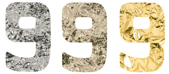 Fototapeta premium Isolated Font number 9 one made of crumpled titanium, silver, gold foil on white background