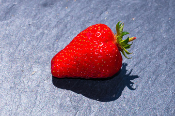 Red bright fresh strawberry closeup on the grey stone background. Isolated berry, berry shadow.