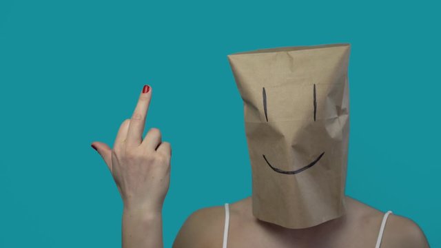 Emotions and gestures. With smile, man shows fack. Drawn on box. Blue background