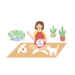 Pregnant young woman with cat at home. It's a girl.