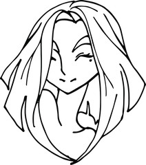 Young Girl with Long Hair Sketch. Beautiful Woman Face. Female Portrait Vector Fashion and Beauty illustration. Isolated outline, line, contour.