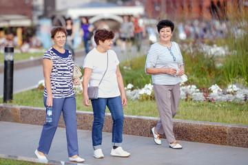 Mature Female Friends Socializing In Backyard Together.