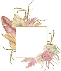 Watercolor golden tropical frame with dried palm tree leaves and roses. Blush and beige colors. Boho wedding design.